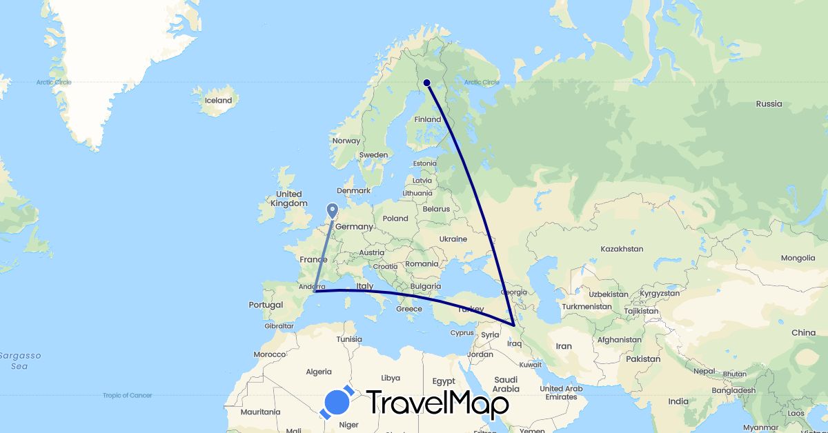 TravelMap itinerary: driving, cycling in Spain, Finland, Iraq, Netherlands (Asia, Europe)